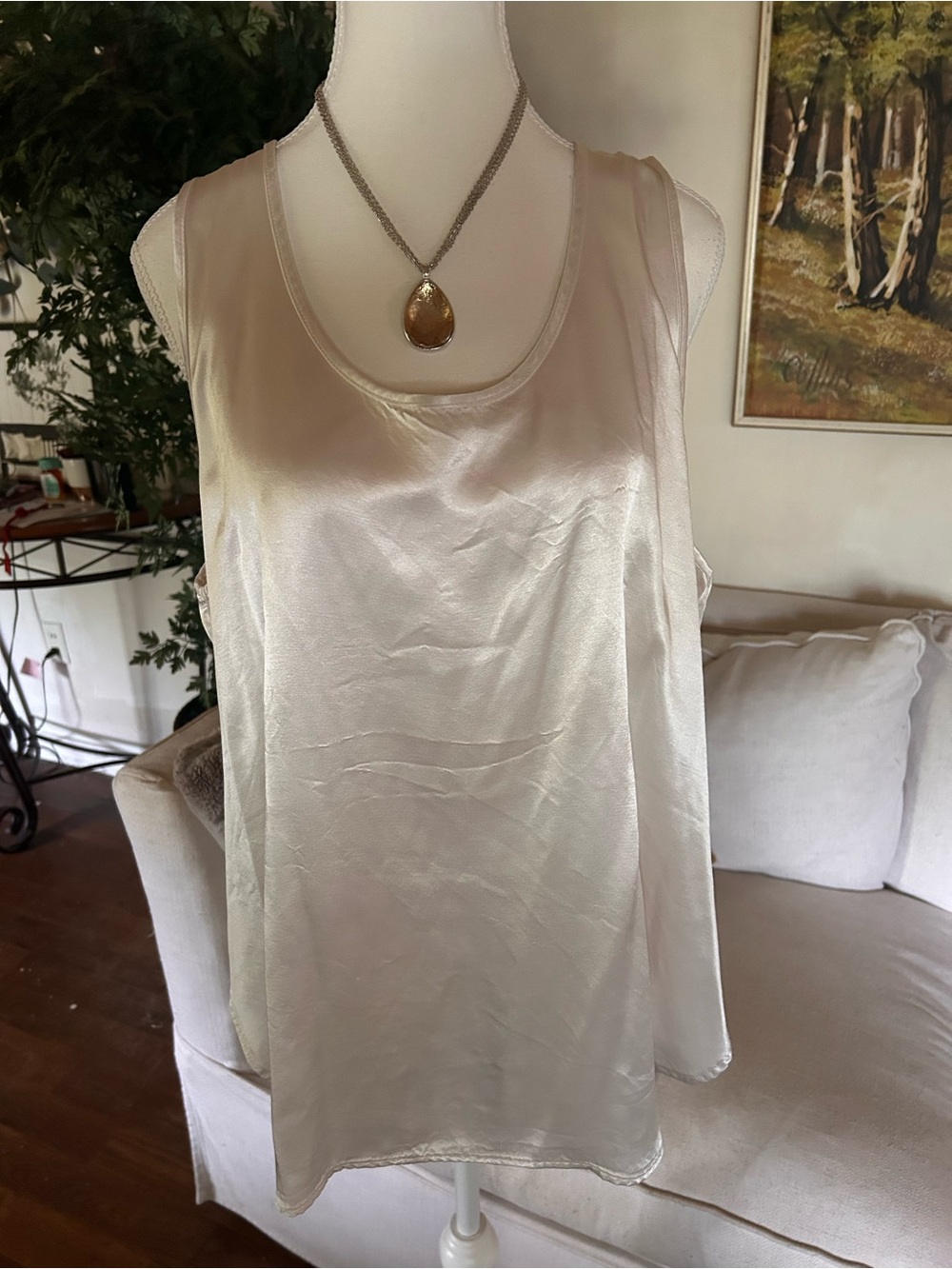 PJ Harlow Jackie Satin Tank Top Pearl Cream Beige Lounge Cami Sleeveless XL USA
